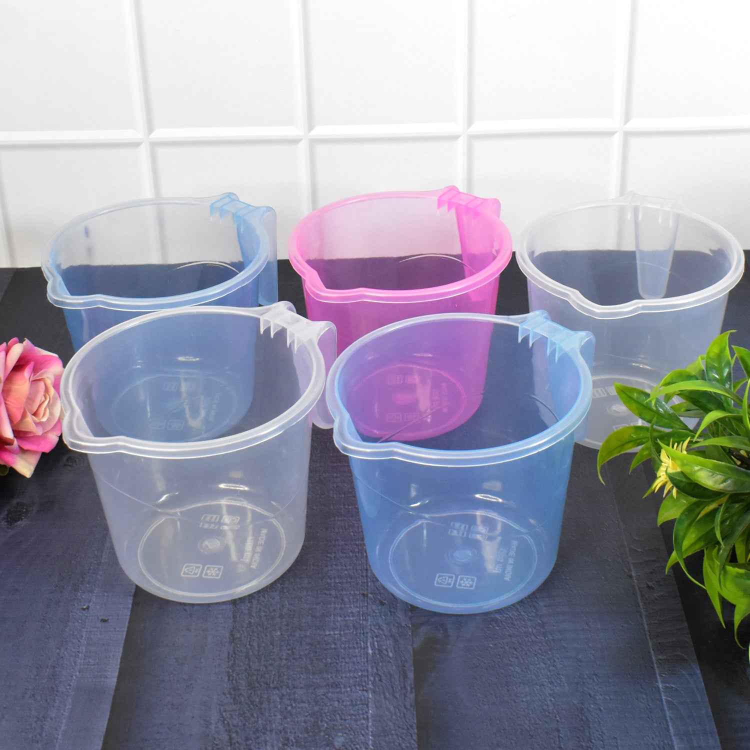 Plastic Round Transparent Bath Water Mug (5 Pc Mix Colour 1200 Ml)
