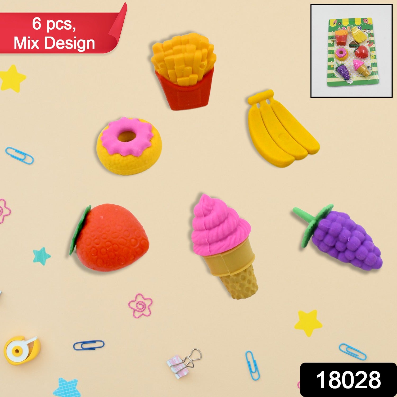 3D Food Fancy & Colorful Erasers – Cute Novelty Eraser Set for Kids & School Prize (1 Set / Mix Design & Color) Variety Bazaar
