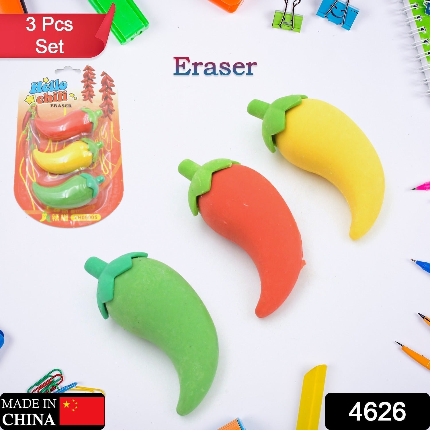 3D Fancy Colorful Chili Shape Erasers – Mini Novelty Eraser Set (3 Pc) Variety Bazaar