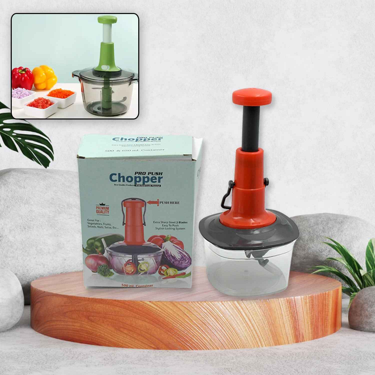 5790 Manual Press Fruit Vegetable Chopper With 3 Stainless Steel Blades Anti-slip Base And Locking System Cutting Chopper For Kitchen (650 Ml)