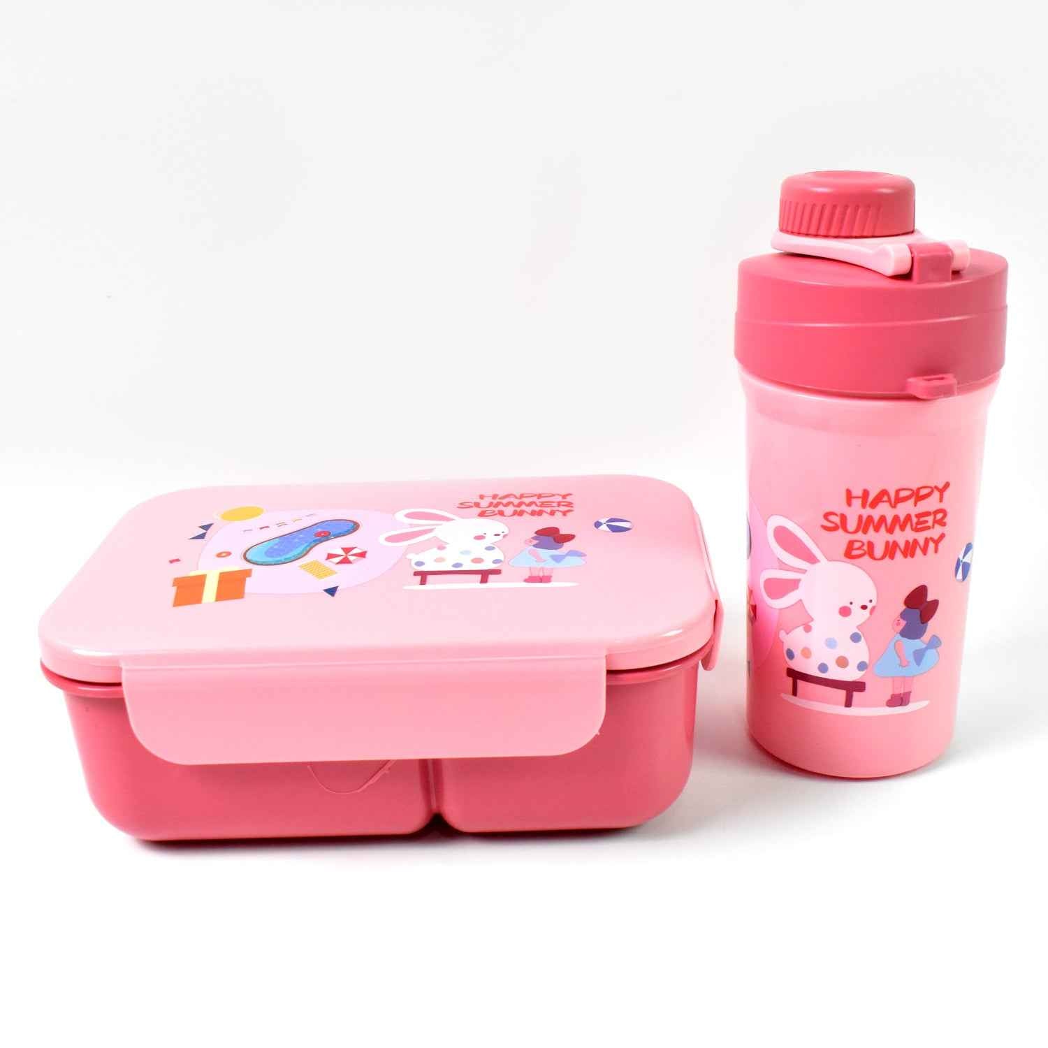 Plastic Lunch Box Leak Proof 2 Compartment With Bottle And Fork (1 Set Mix Color)