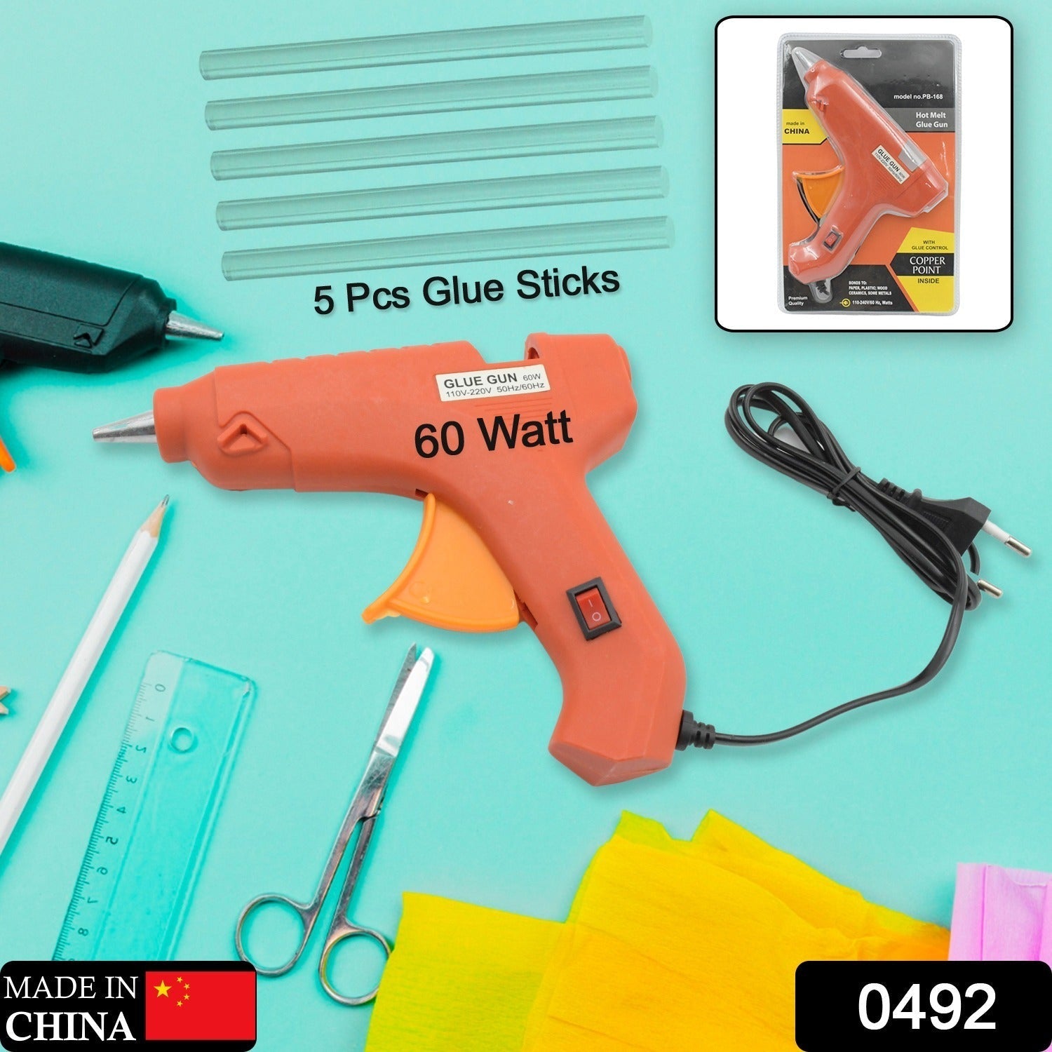 Professional 60 Watt Hot Melt Glue Gun with 5 Glue Sticks & On/Off Switch Variety Bazaar