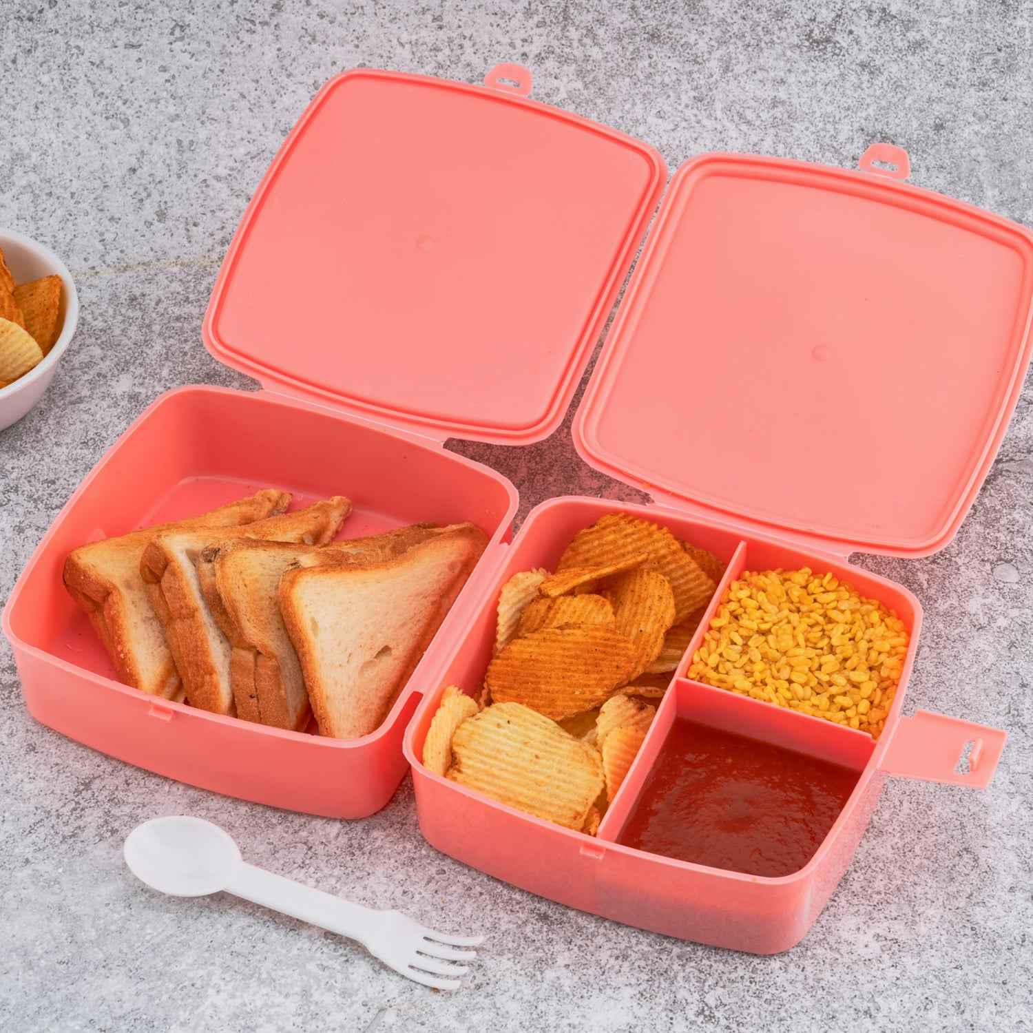 5787 Double-layer Square Lunch Box With Spoon 4 Compartment Tiffin Push Lock Plastic Tiffin Box For Travelling School Kids Office Exclusive Home