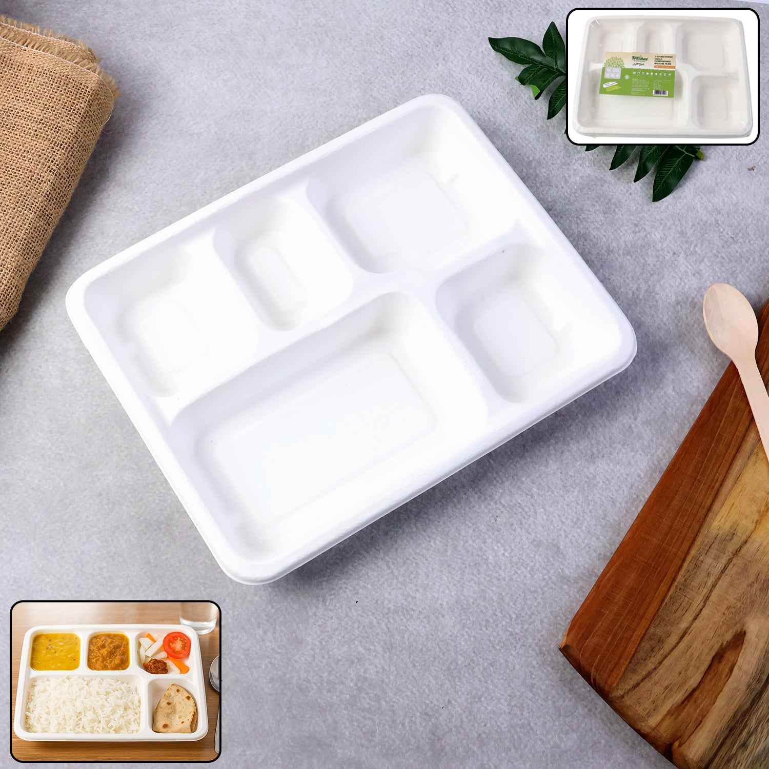 5-compartment Rectangle Lunch Compostable Bagasse Plate 10 Pcs Pack