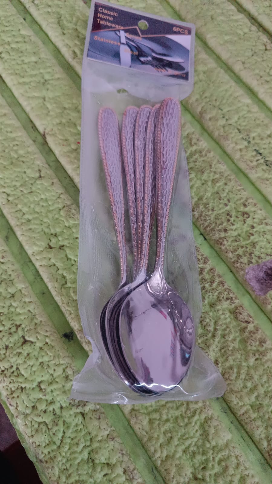 Stainless Steel Gold Bordered Textured Spoons Gold Plated Handle Set of 6 Pc Variety Bazaar