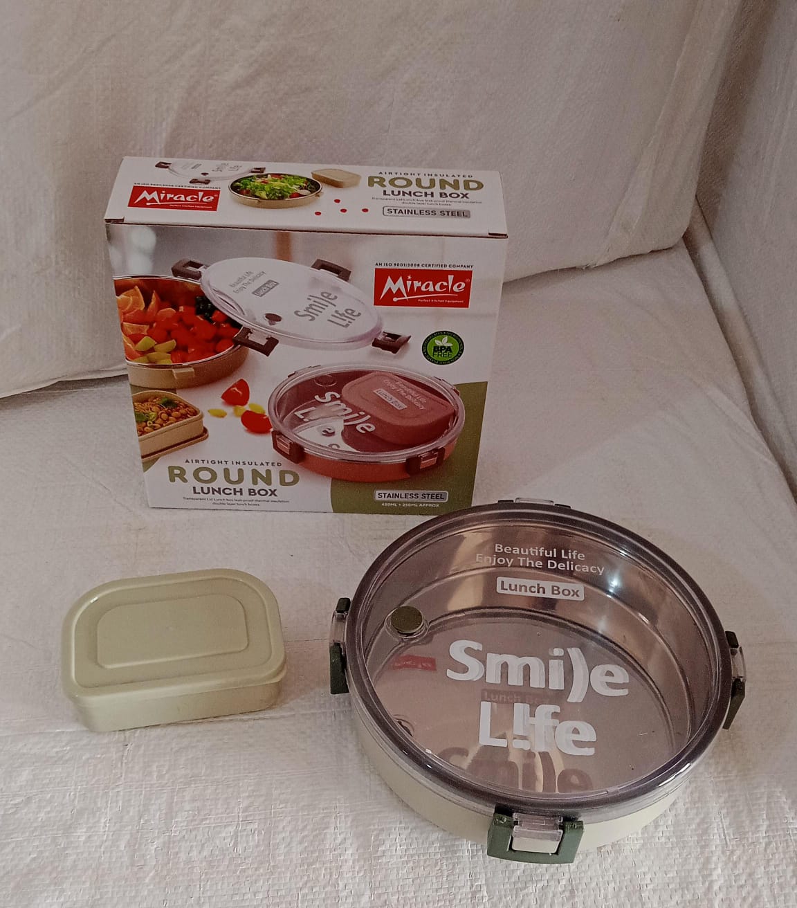 Miracle Stainless Steel Round Lunch Box, with Small Plastic Box Insert Leak Proof Lunch Box with Transparent lid, Lunch Box for Kids & Adults for School, Office (450 ML + 250 ML Approx) Variety Bazaar