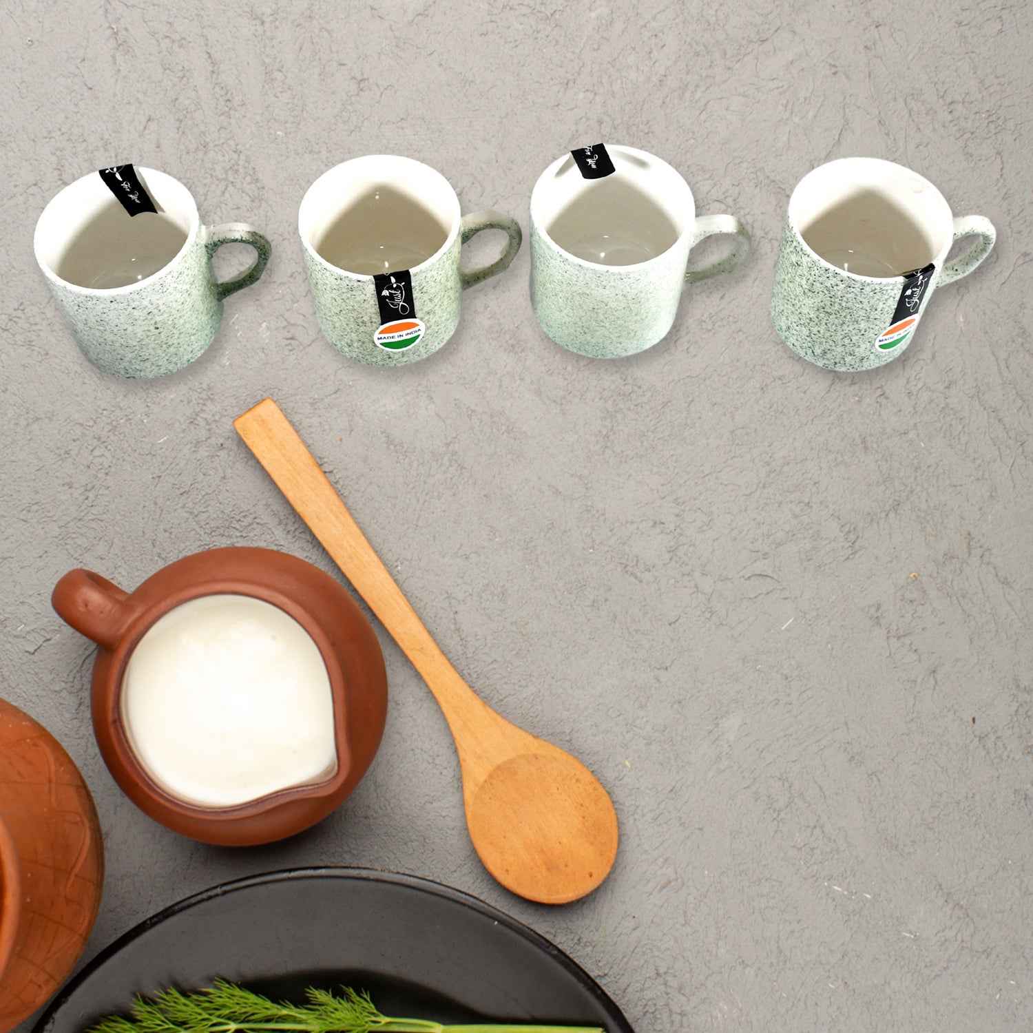 8240 Sunday Funday Ceramic Tea Cups Mug With Plastic Snacks Platter And 2 Compartment Chutney Bowl Milk Cup Coffee Cup Breakfast Cup Drinking Mug Or Outdoor For Household Gift For Birthday Wedding Party (6 Pcs Set)