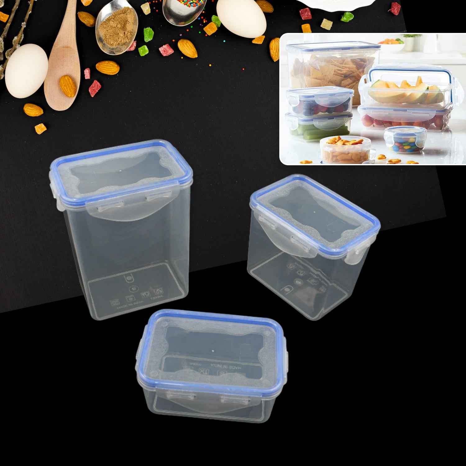 5496 Kitchen Storage Container Set With Food Grade Plastic And Air Seal Lock Lid For Storage Of Grocery Spices Dry Fruits Use For Home Office Restaurant Canteens (3 Piece Set)