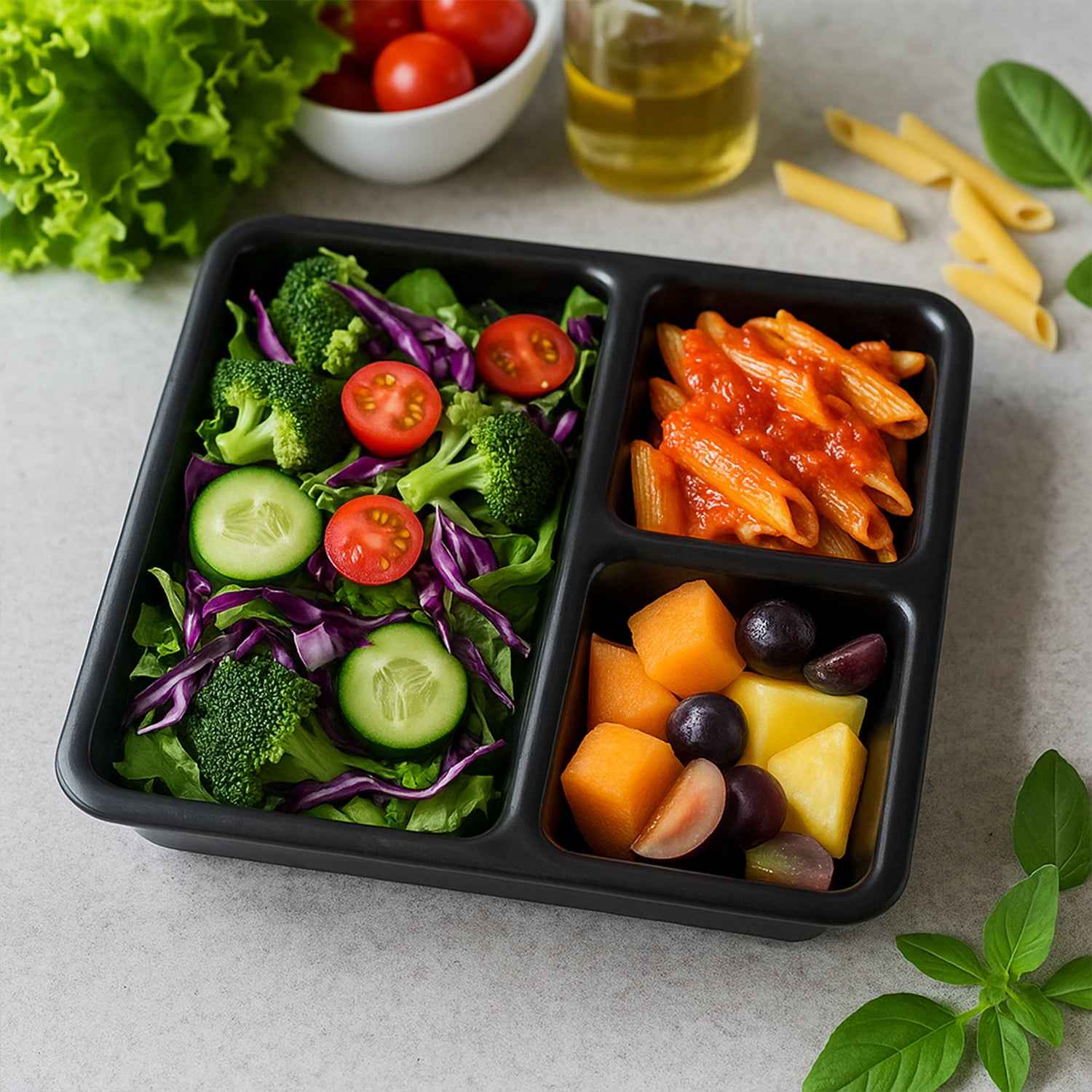 Plastic Multi-compartment Meal Serving Tray 3-section Rectangular Dining Plate (1 Pc Black)