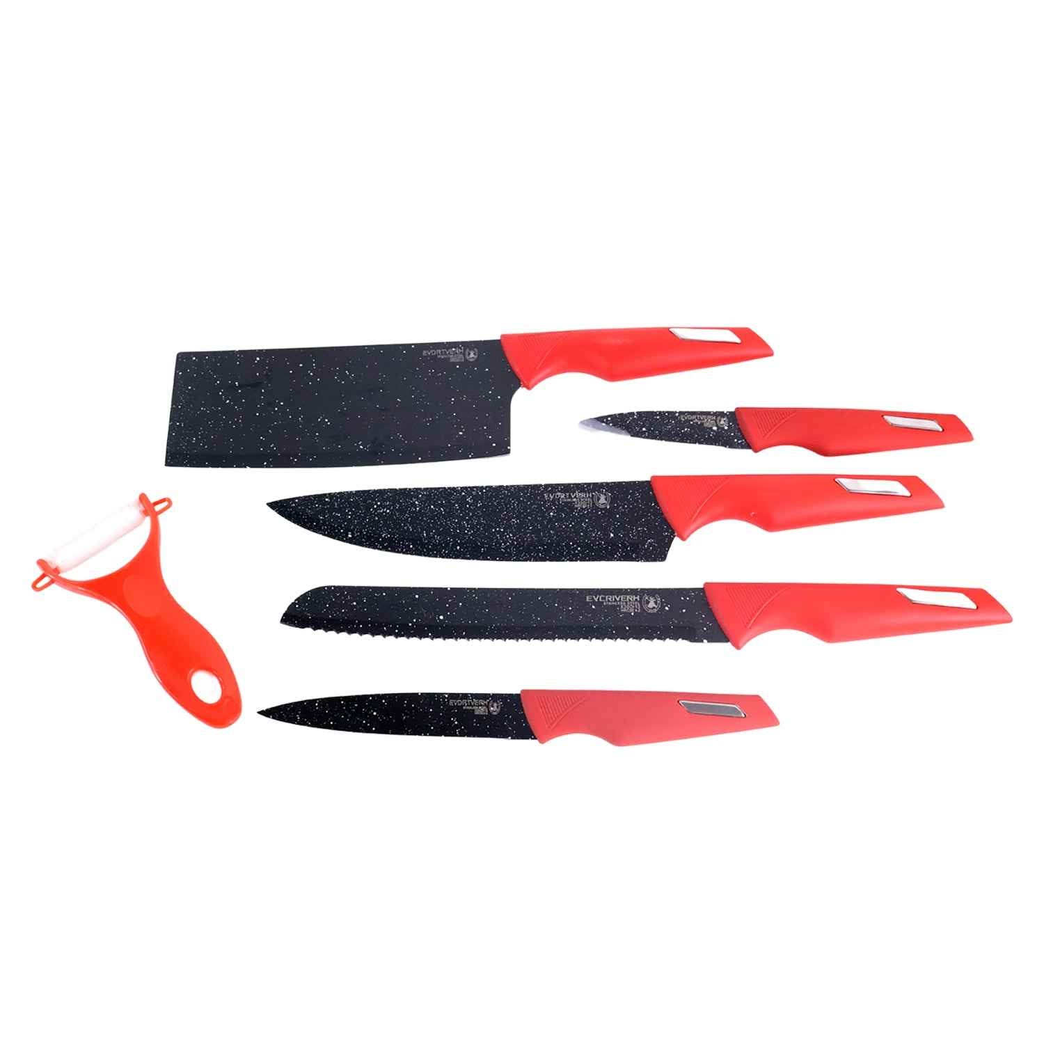 Kitchen Knife Set With Marble-coated Blades Red Handles (6 Pc)
