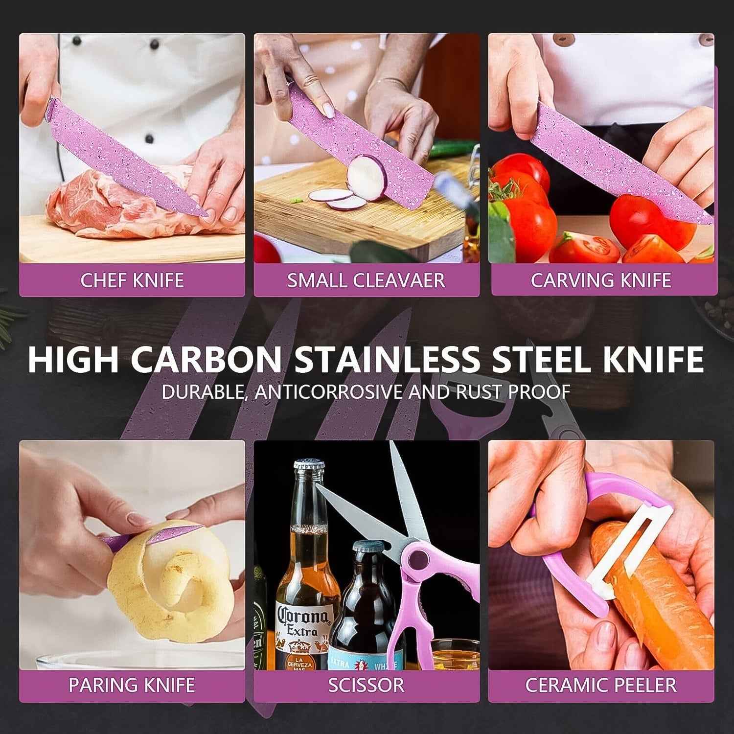 Stainless Steel Non Stick Ceramic Coating 6 Pcs Chef Kitchen Knife Set With Scissor Peeler