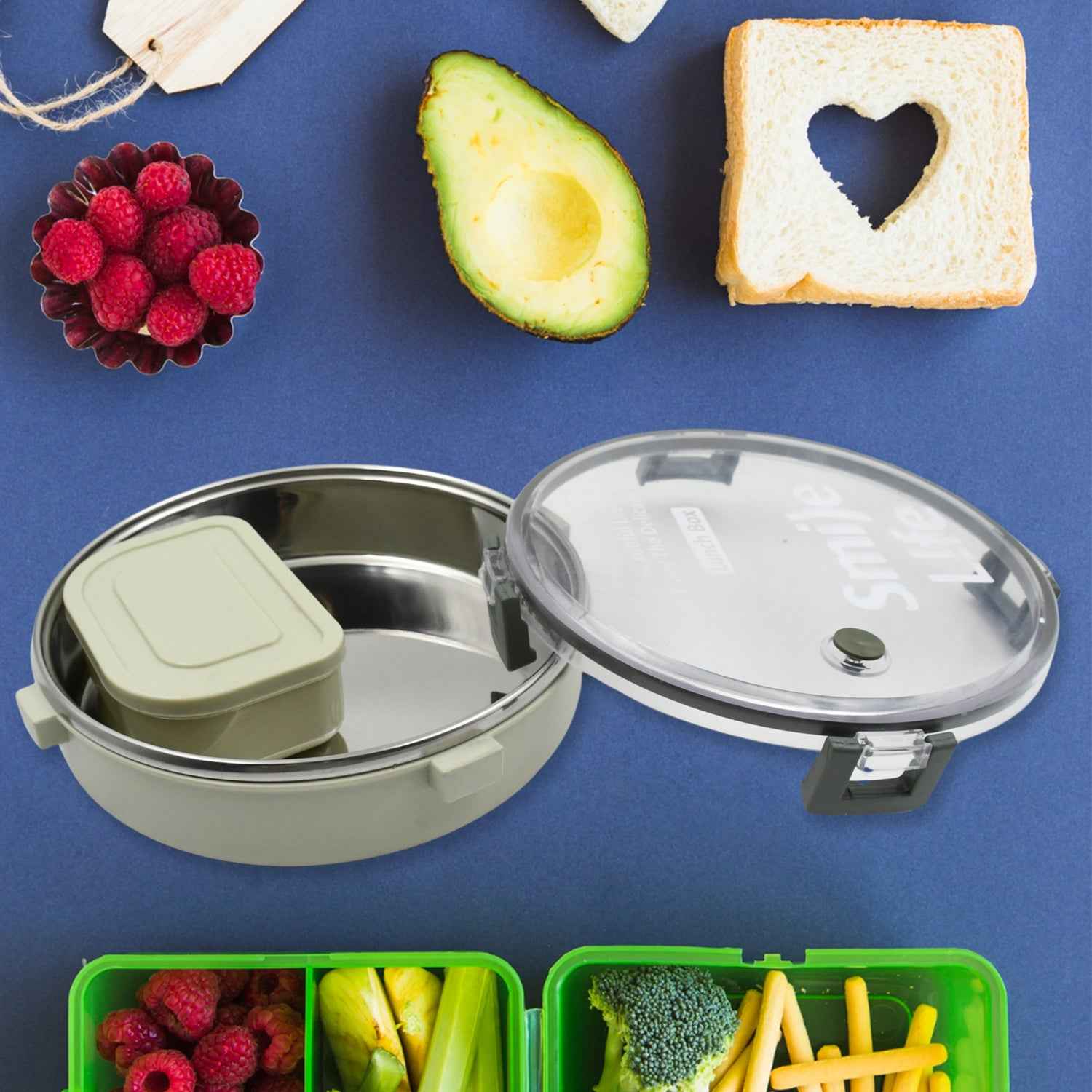 5584 Miracle Stainless Steel Round Lunch Box With Small Plastic Box Insert Leak Proof Lunch Box With Transparent Lid Lunch Box For Kids Adults For School Office (450 Ml + 250 Ml Approx)