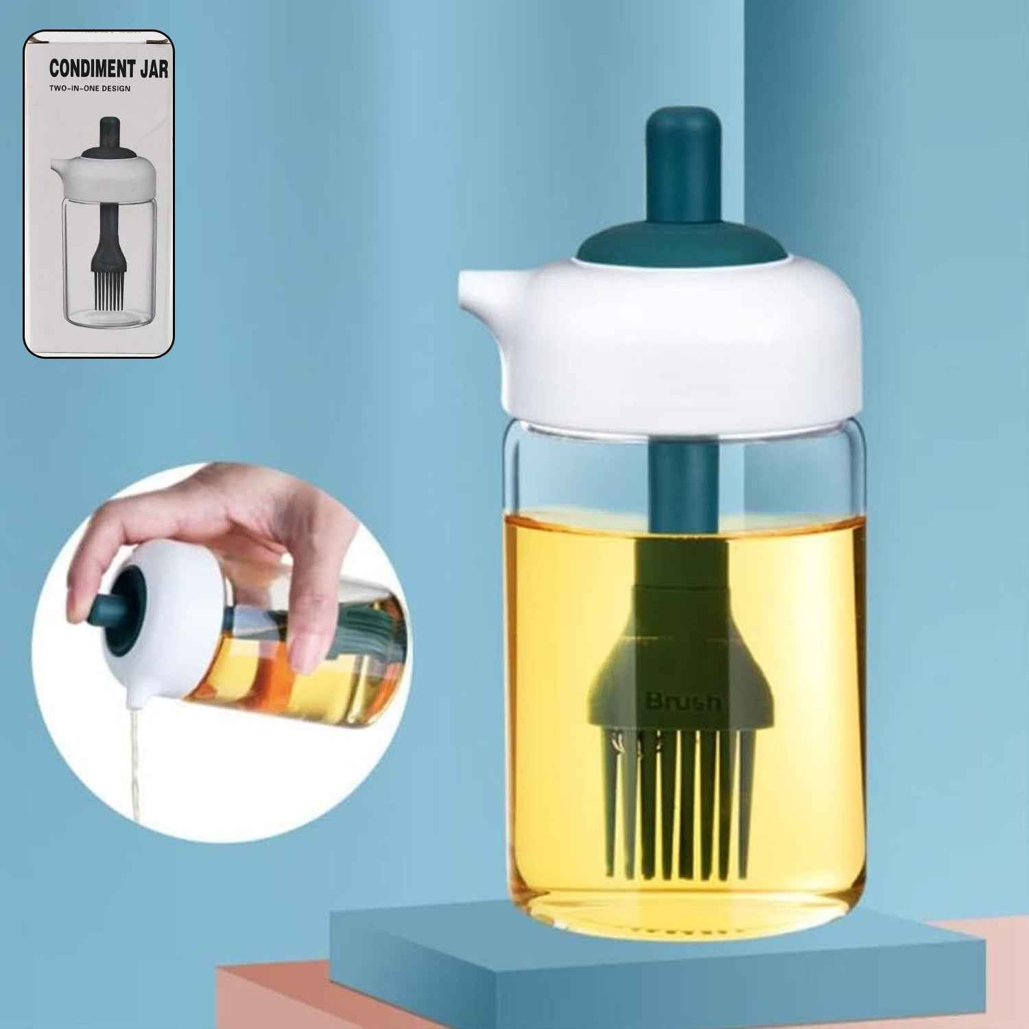 2 In 1 Glass Oil Dispenser Jar Bottle With Brush (1 Set)