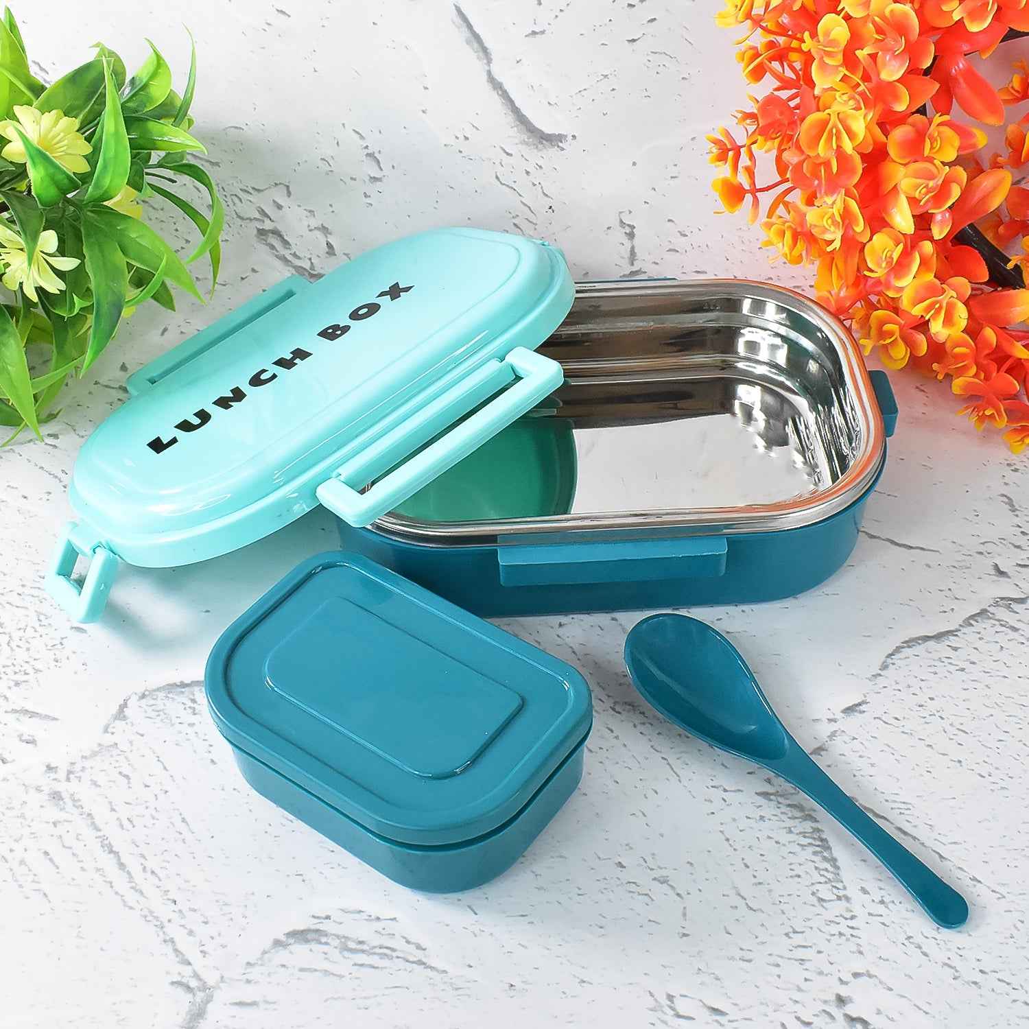 3 In 1 Spicy Bite Stainless Steel Lunch Box With Plastic Small Box Spoon (1 Set)