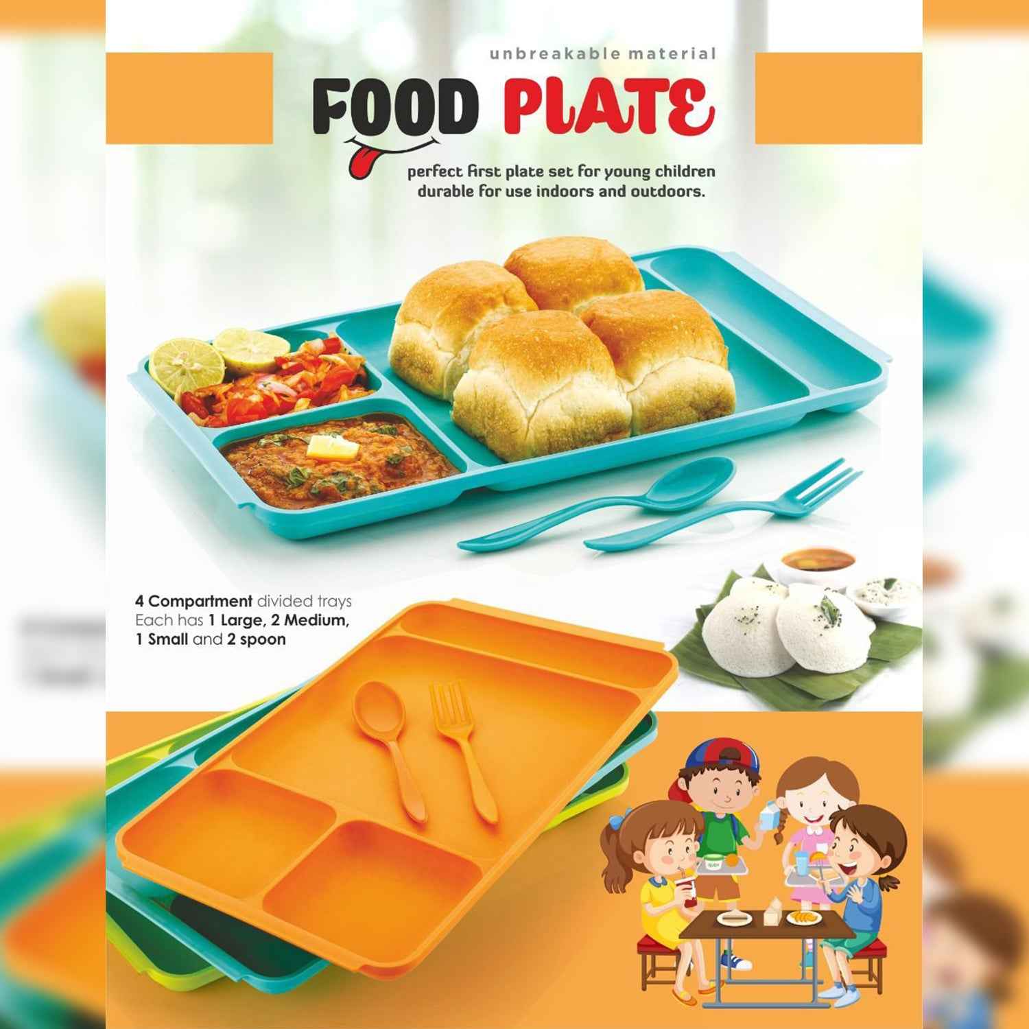 2037 4compartment Dish With Spoon And Fork(1 Dish Set With 1spoon And 1fork) Dinner Plate Plastic Compartment Plate Pav Bhaji Plate 4-compartments Divided Plastic Food Plate.