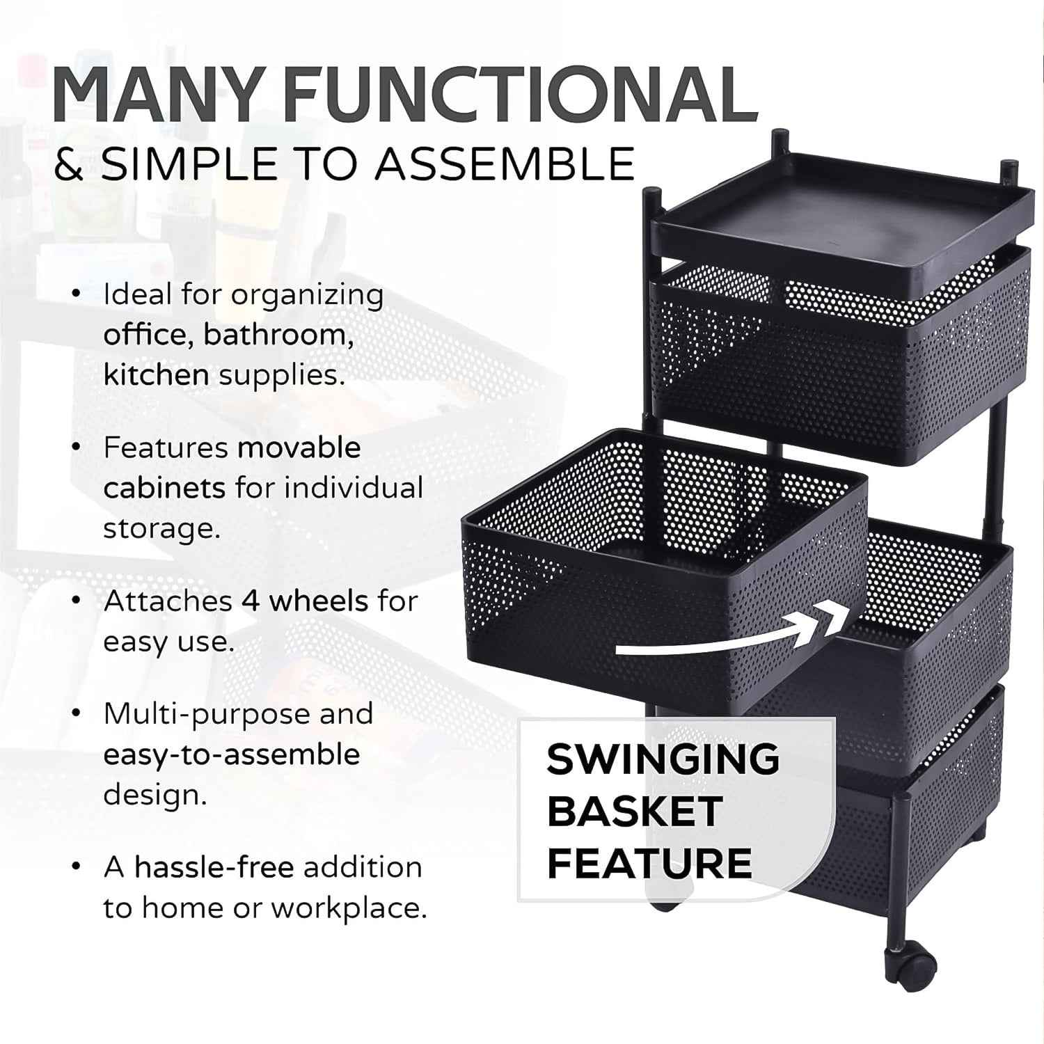Metal Square High Quality Kitchen Trolley With Wheels (4 Layer 1 Pc)
