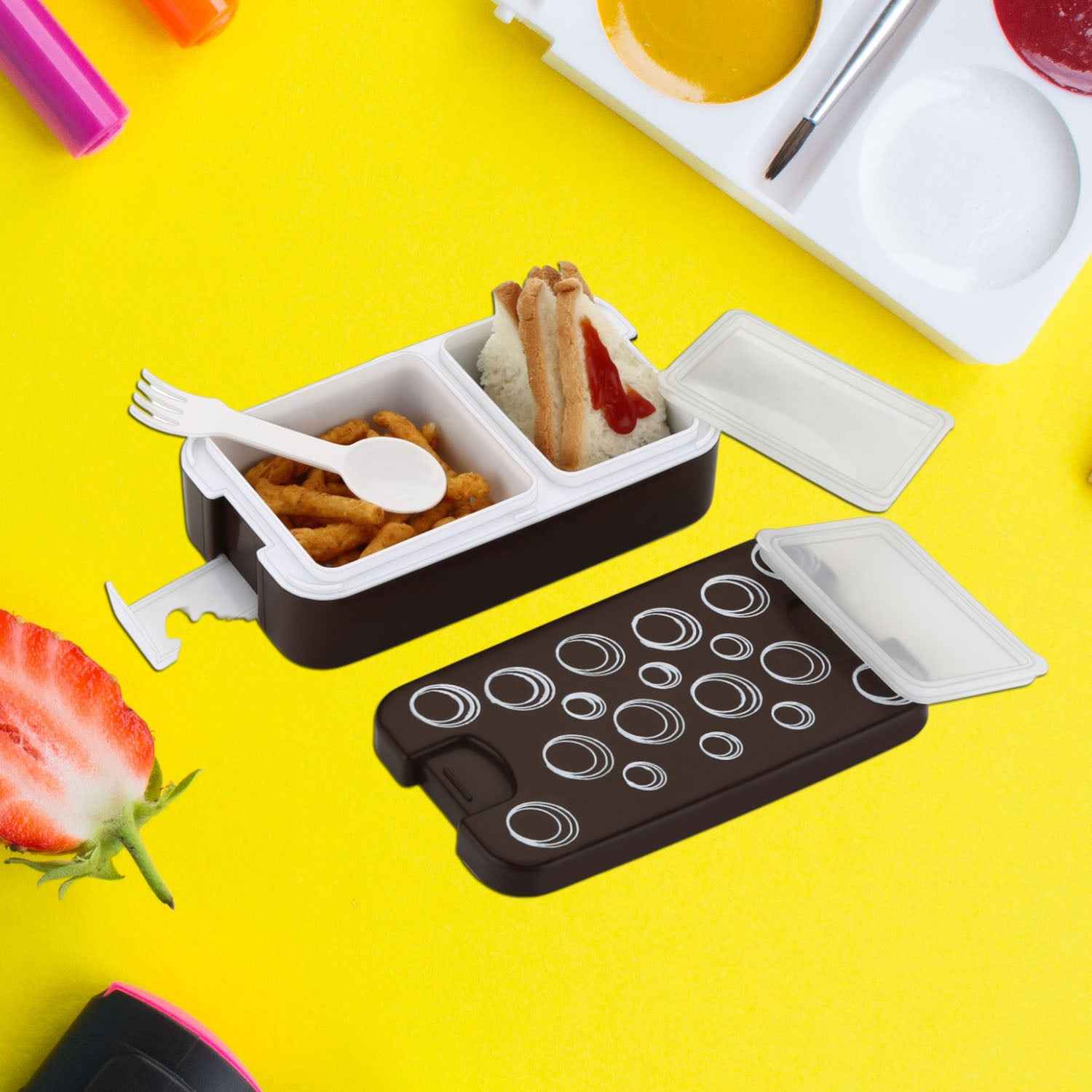 5330 Airtight Lunch Box 2 Compartment Lunch Box Leak Proof Food Grade Material Lunch Box Modern Appearance Compact Lunch Box With Spoon