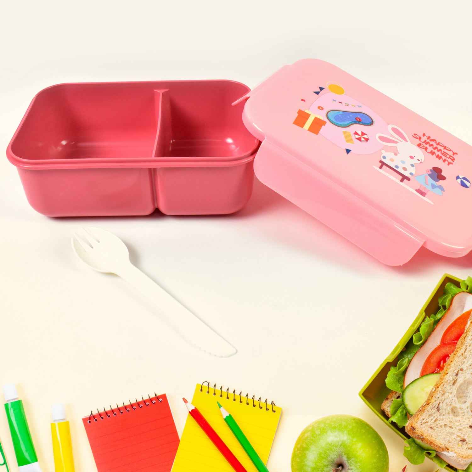 Plastic Lunch Box Leak Proof 2 Compartment With Bottle And Fork (1 Set Mix Color)