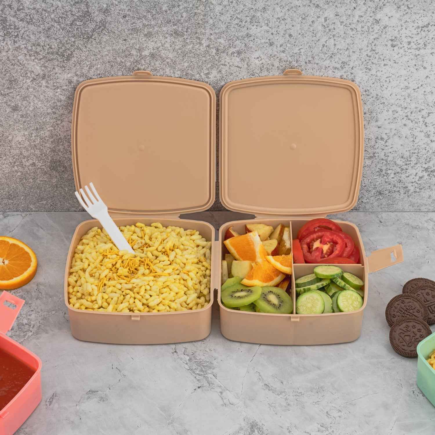 5787 Double-layer Square Lunch Box With Spoon 4 Compartment Tiffin Push Lock Plastic Tiffin Box For Travelling School Kids Office Exclusive Home