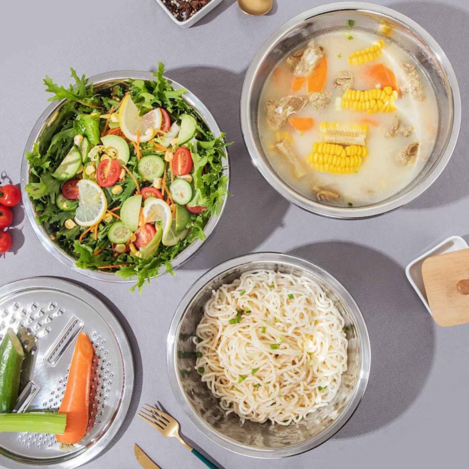 3-in-1 Stainless Steel Mixing Straining Grater Bowl Set