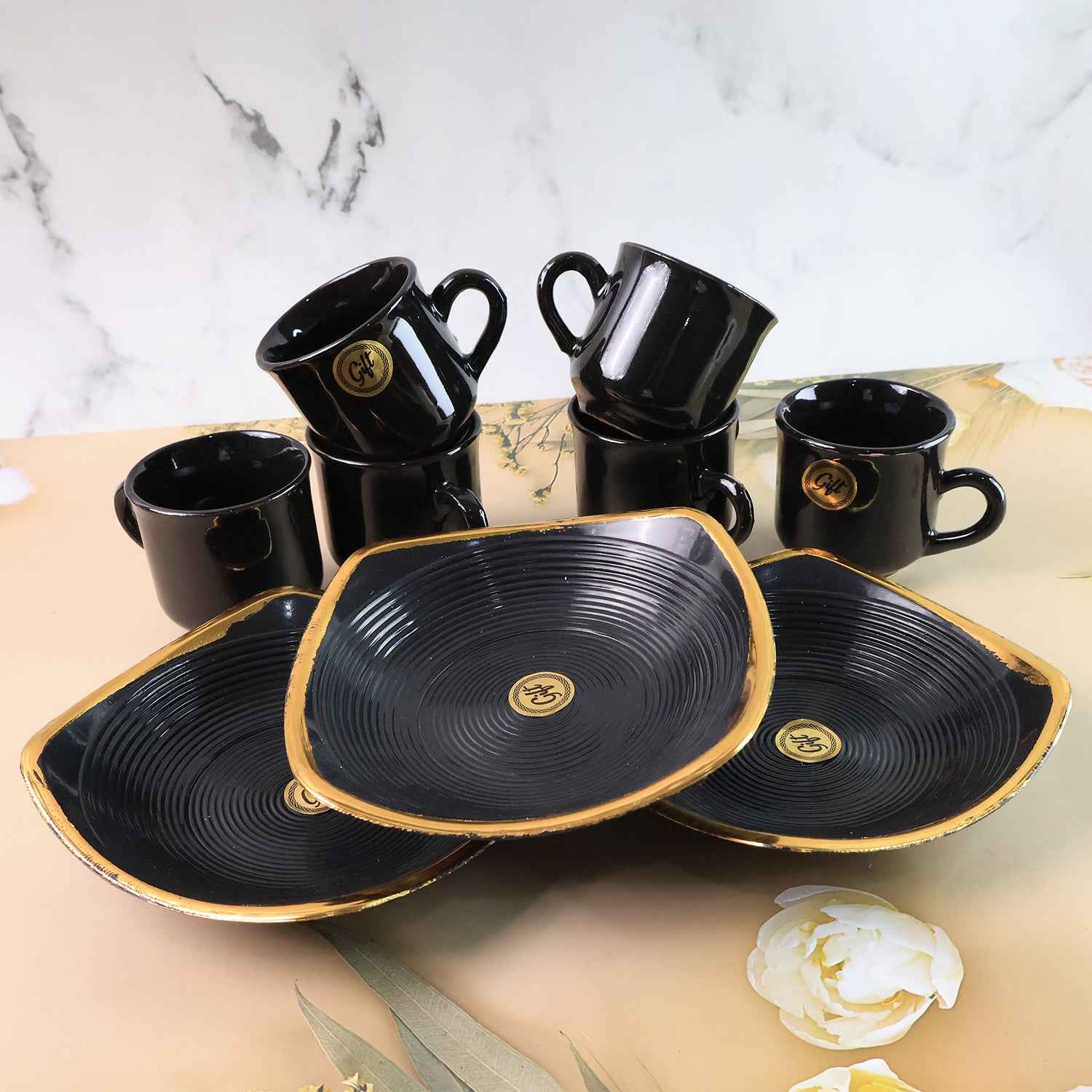 8237 Sweet Buzz Ceramic Tea Cups Mug Set With Seashell Shape Serving Bowl Milk Cup Coffee Cup Tea Cup Breakfast Cup Drinking Mug Or Outdoor For Household Gift For Birthday Wedding Party (8 Pcs Set)