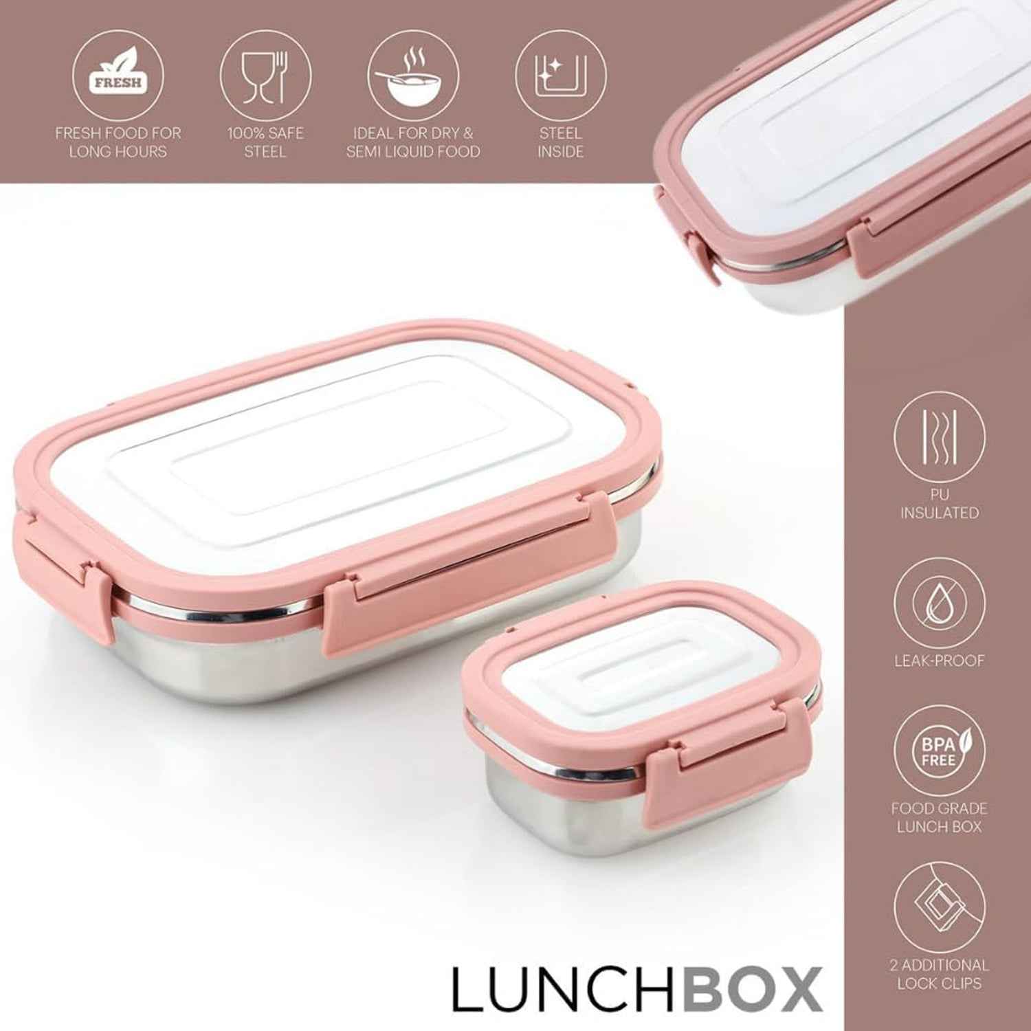 Premium Stainless Steel Leak Proof Air Tight Lunch Boxes (900ml+200ml Approx 2 Pc Set)