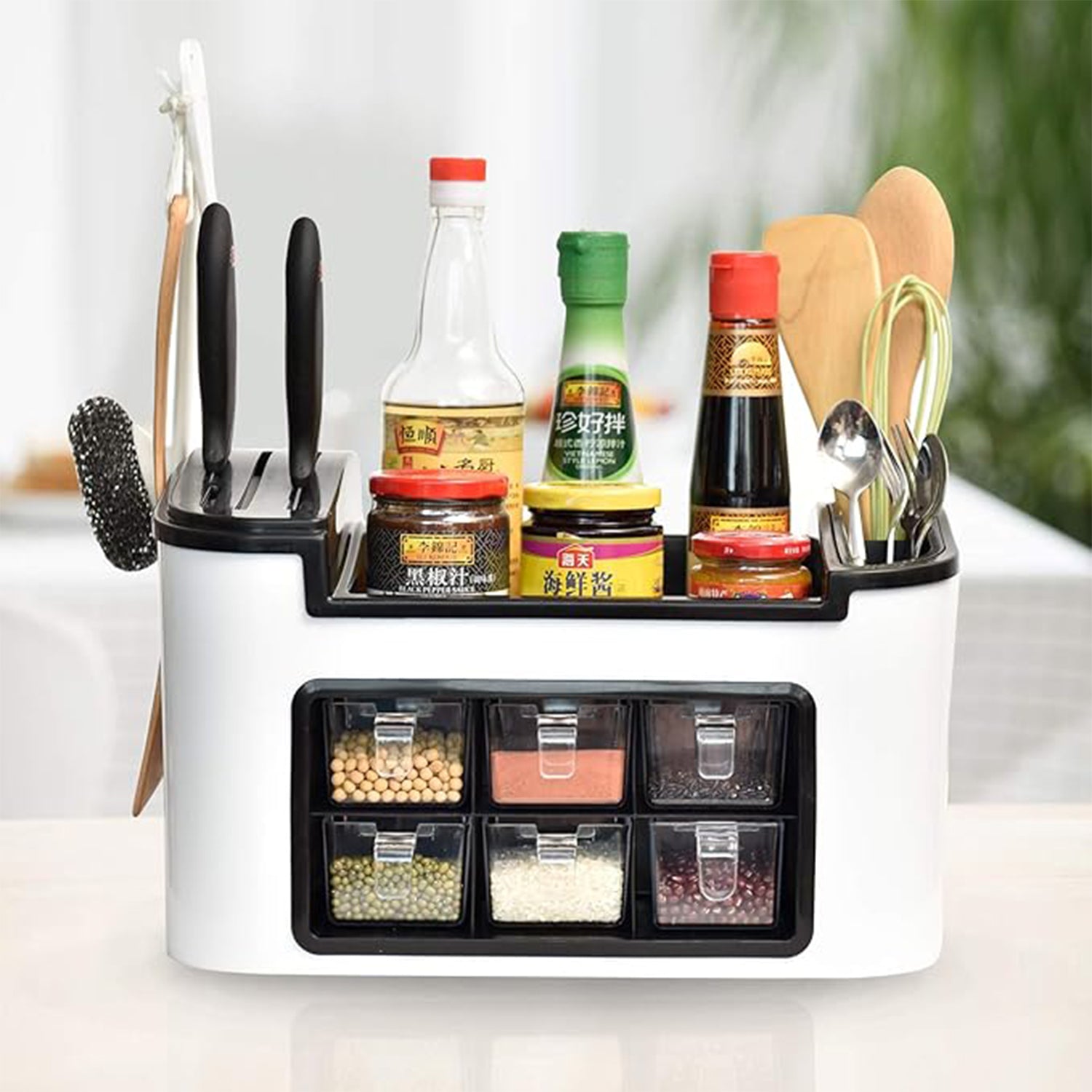 Multifunctional Kitchen Storage Organizer Rack With 6 Spice Containers Knife Spoon Holder And Top Shelf