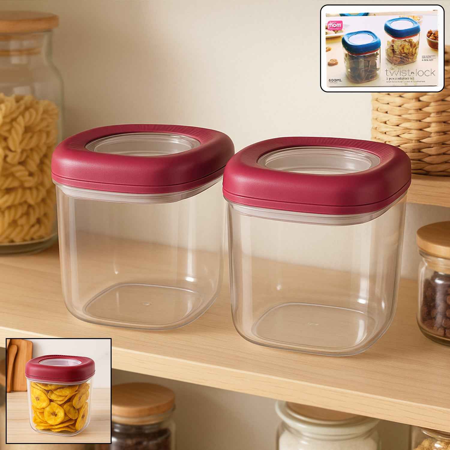 Transparent Twist Lock Kitchen Storage Container Set (Approx 800ml 2pc)
