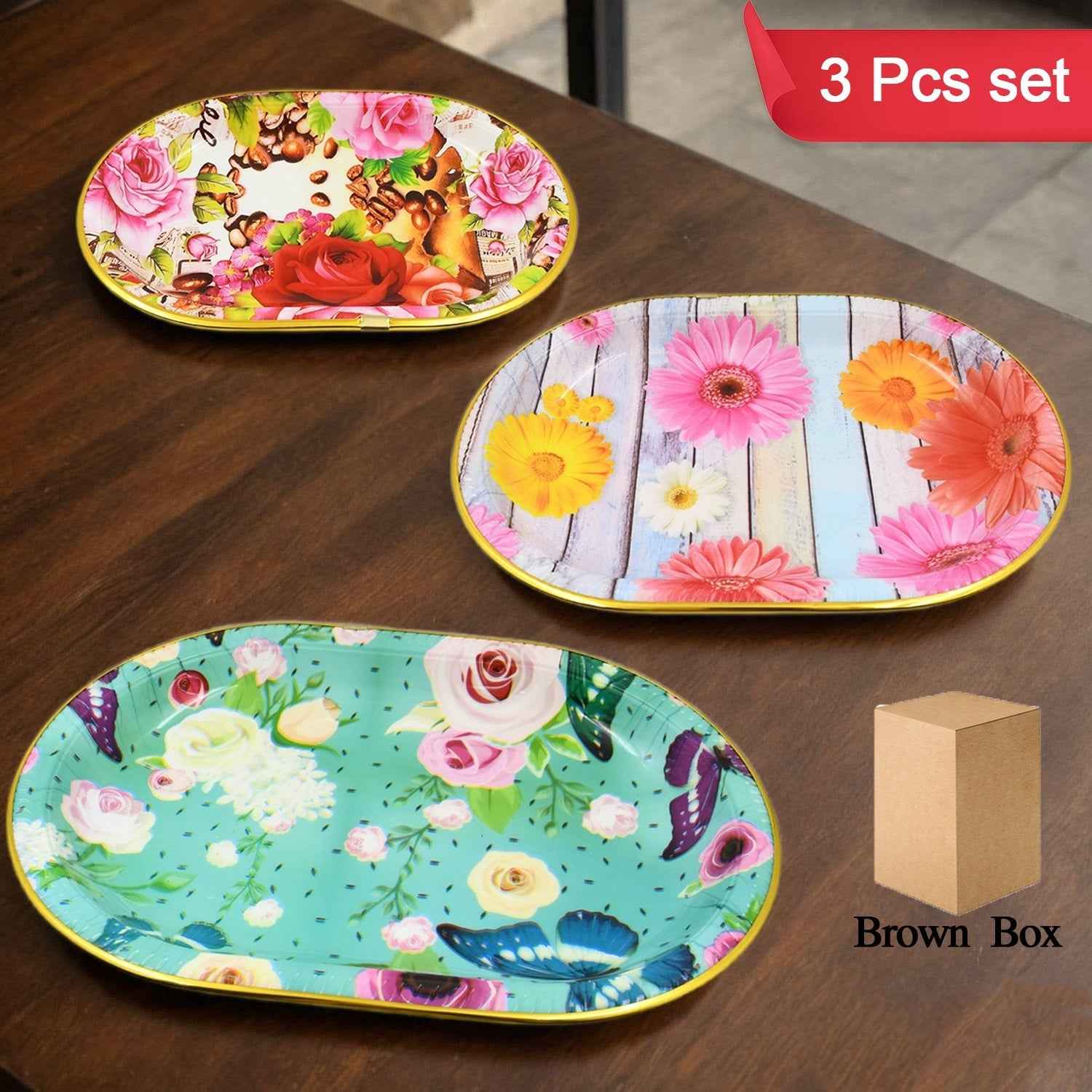 Plastic Flower Printed Design Serving Tray (3 Pcs Set Mix Color)