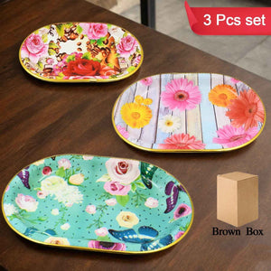 Plastic Flower Printed Design Serving Tray (3 Pcs Set Mix Color)