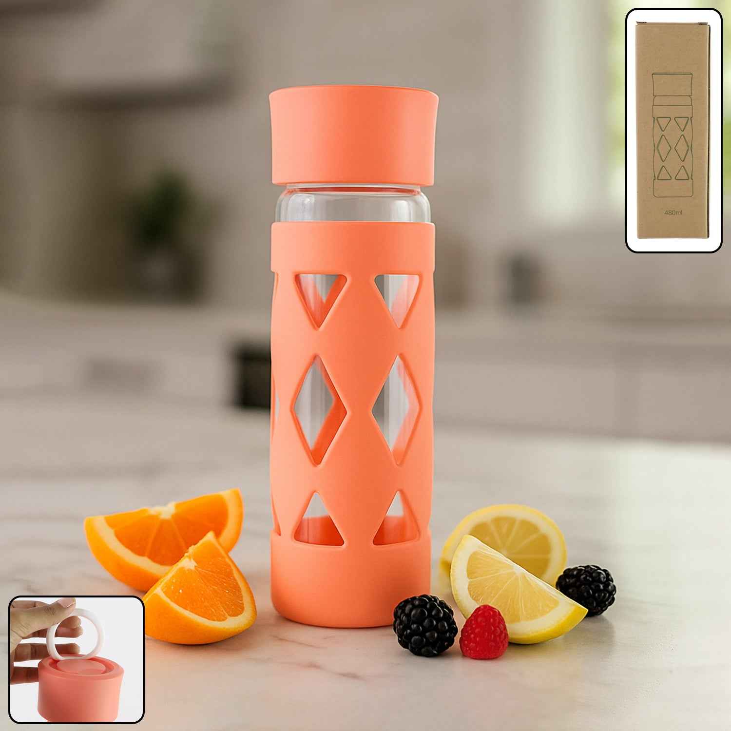 Glass Water Bottle With Protective Sleeve - (1 Pc 480 Ml)