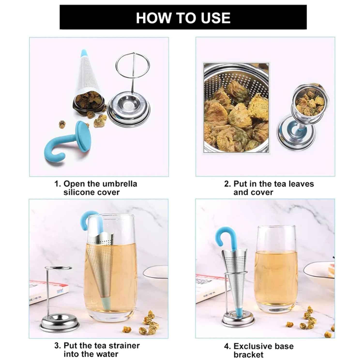 Reusable Cute Umbrella Tea Strainer With Tray Stand (1 Pc)