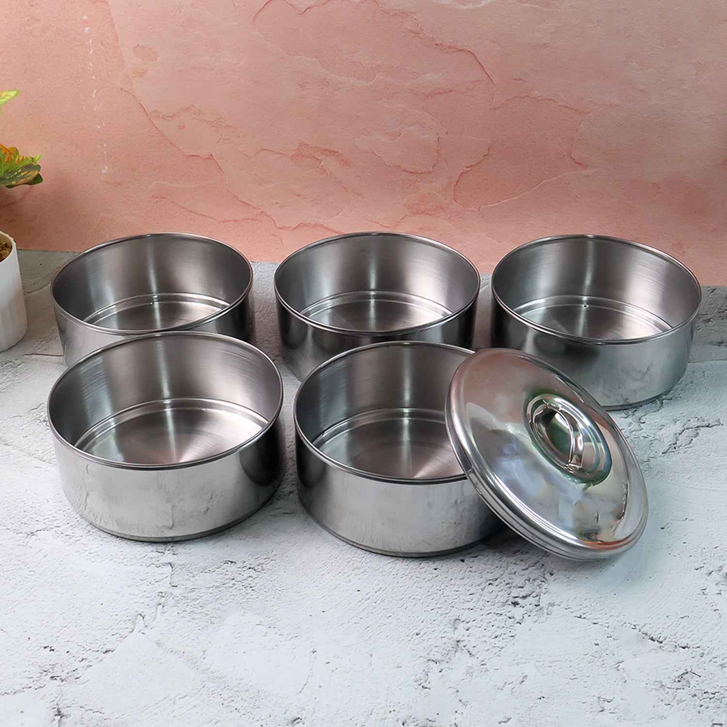 5799 Big Size 5 Compartment Lunch Box Stainless Steel Round Tiffin Traditional Tiffin Box For Kids College Office Men And Women Meal Holder With Locking Clip 5 Containers (16x5 Inch)