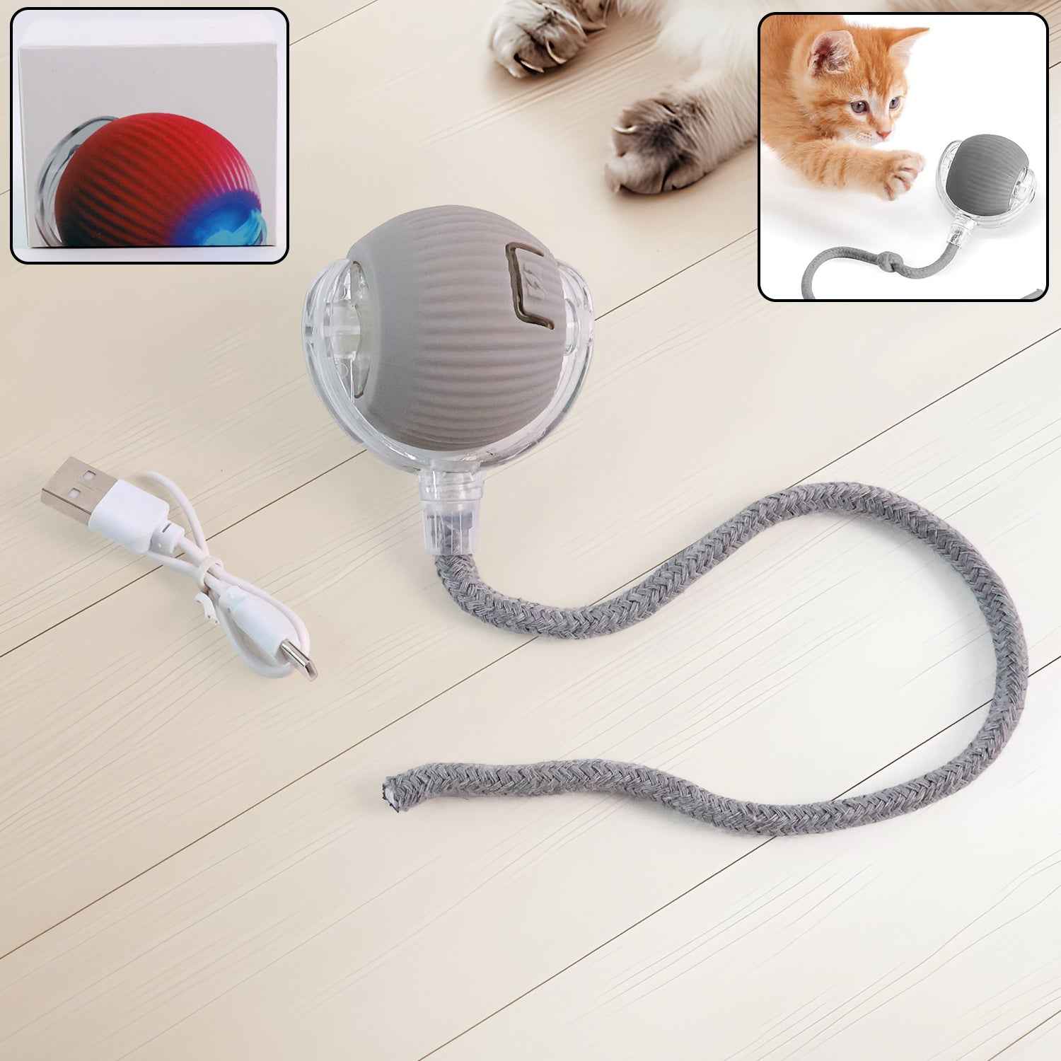 Rechargeable Interactive Cat Toy Ball with Detachable Braided Tail and LED Light (1 Pc)