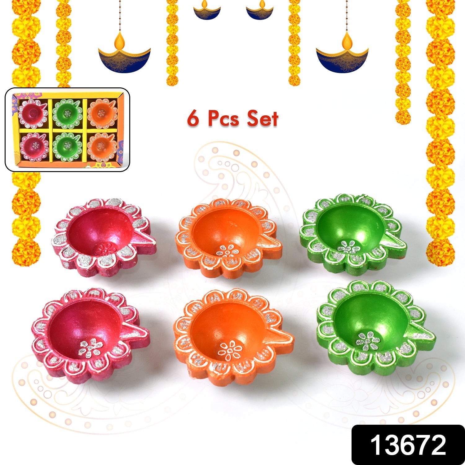Decorative Hand Painted Clay Puja Diya for Diwali Handmade Diya (6 Pcs Set) travel sahayak