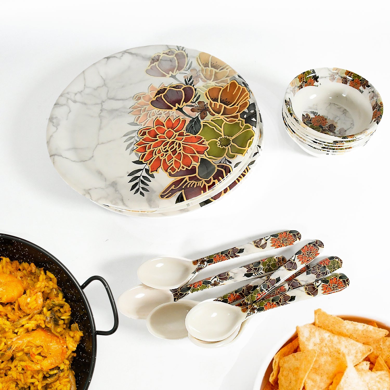 Dream 18-Piece Plastic Dinner Set – Unique Flower Design, 6 Plates, 6 Bowls & 6 Spoons, Microwave & Dishwasher Safe