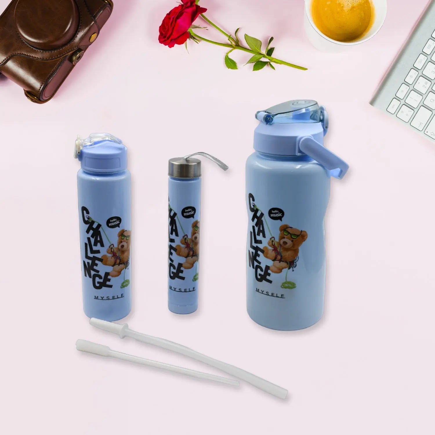 Plastic Water Bottle 3pc Set,3  Different Size Bottle High Quality Water Bottle Plastic Water Bottle BPA-Free & Leak-Proof!  Cartoon Printed Design for Kids' School, For Fridge, Office, Sports, School, Gym, Yoga (3 Pc Set) - varietybazaar.co.in