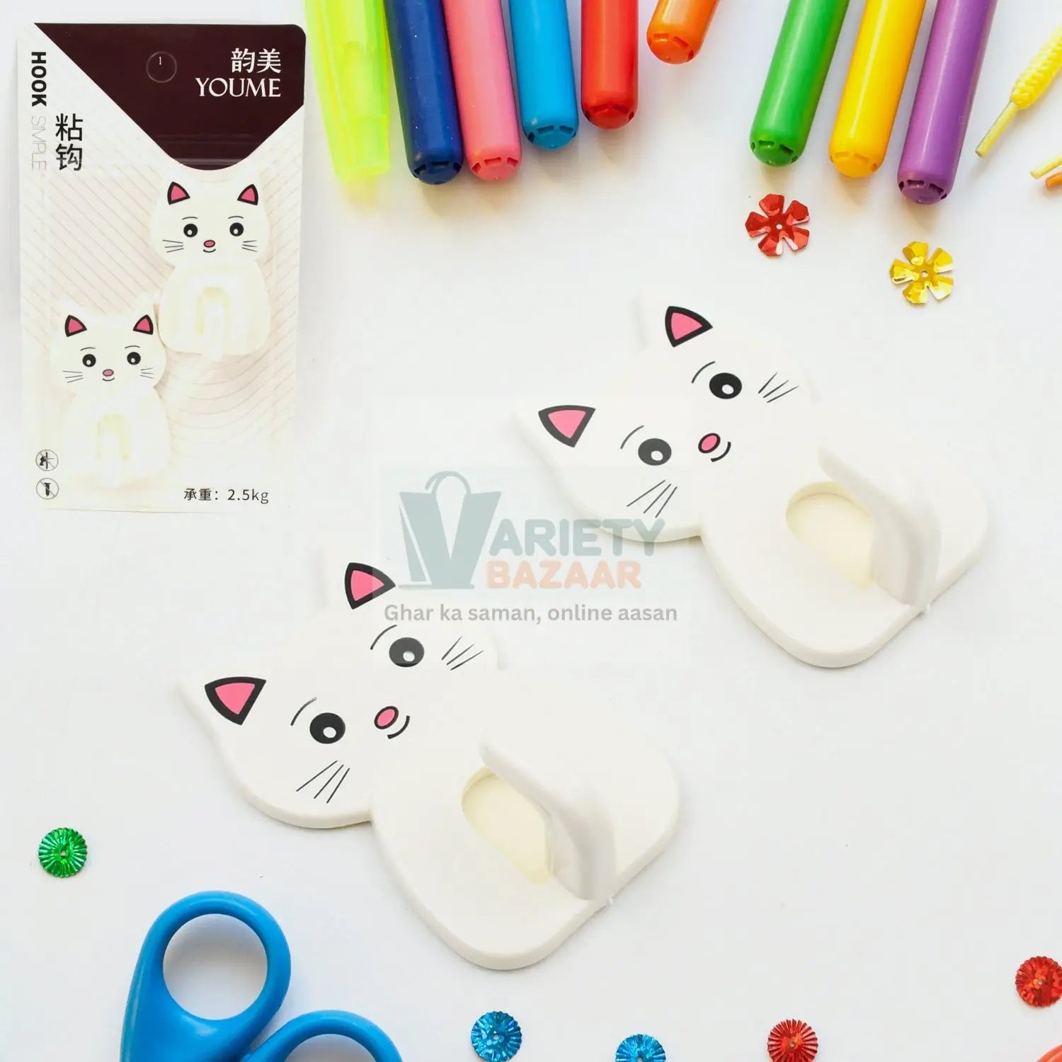 17616 Cute Cat Wall Mounted Hook, Heavy&nbsp;Duty Hook, Sticky Hook Household, For Home, All Type Wall Use Hook, Suitable for Bathroom, Kitchen, Office (2 Pc Set) Travel Sahayak