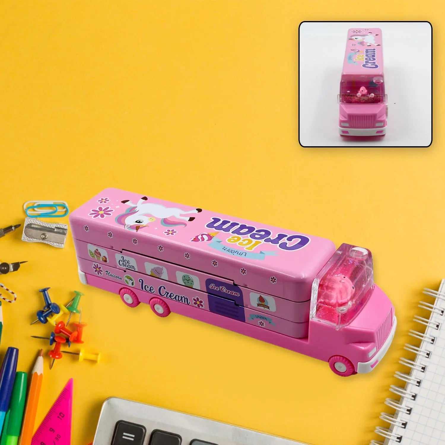 4568  Double Decker Magic Truck Compass Multi Level Metal Truck Compass Pencil Case with Movable Wheels & Sharpener (Mix Design) - varietybazaar.co.in