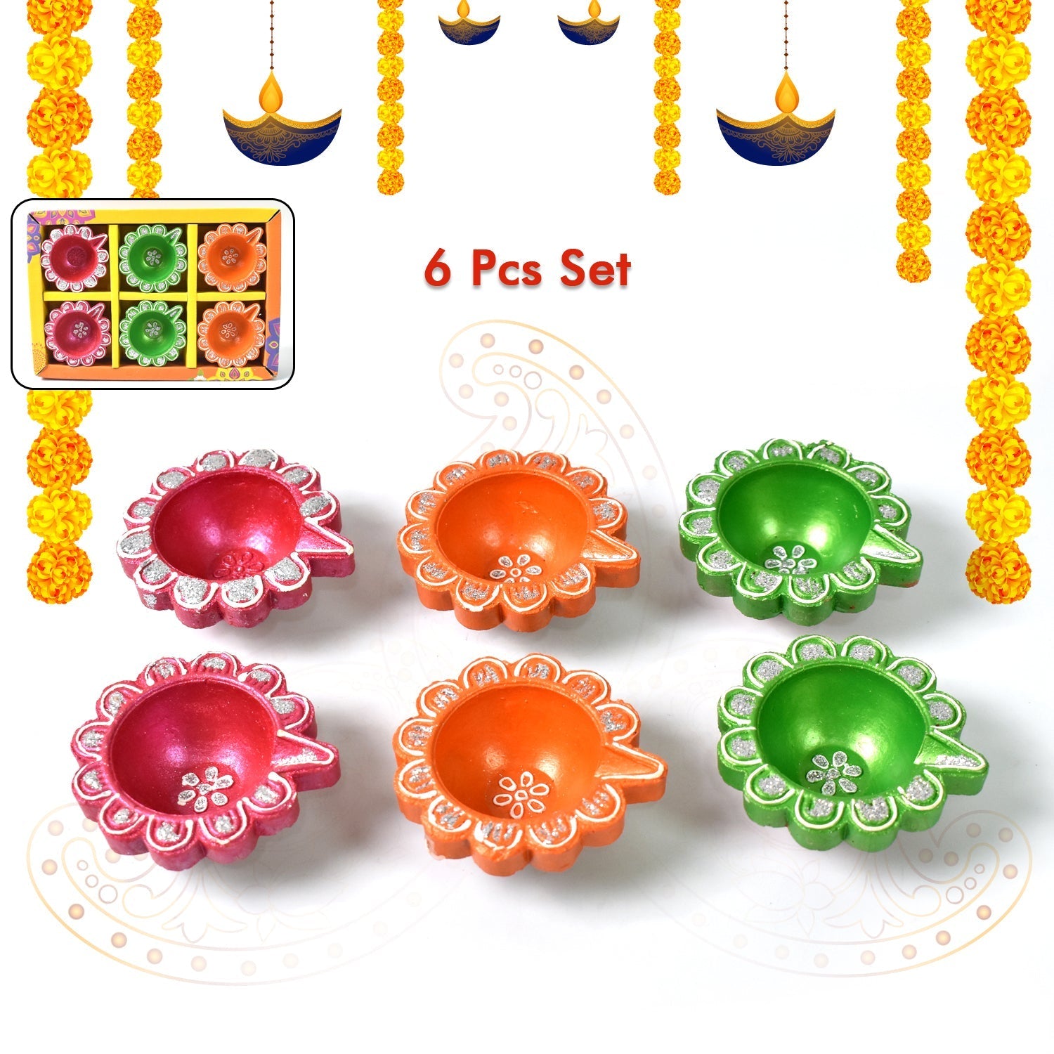 Decorative Hand Painted Clay Puja Diya for Diwali Handmade Diya (6 Pcs Set) travel sahayak