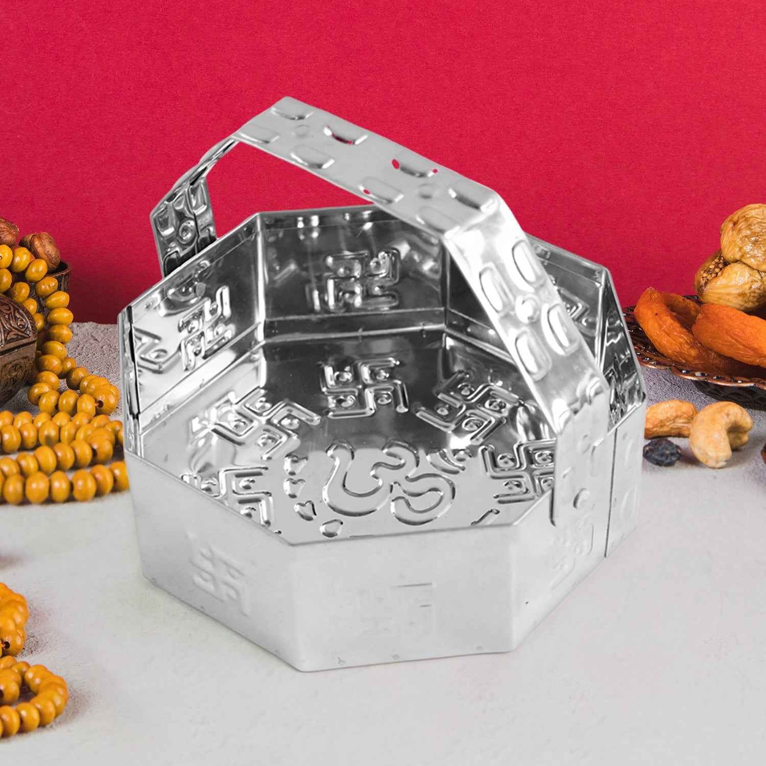 Traditional Stainless Steel Octagon Pooja Basket 1 Pc with Handle