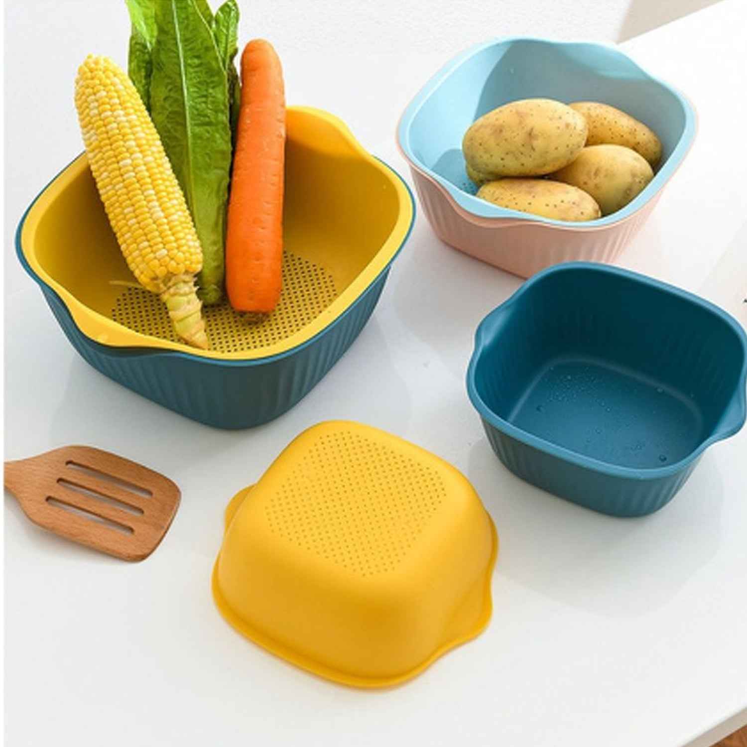Plastic Washing Bowl & Strainer Basket for Kitchen (Set of 2)