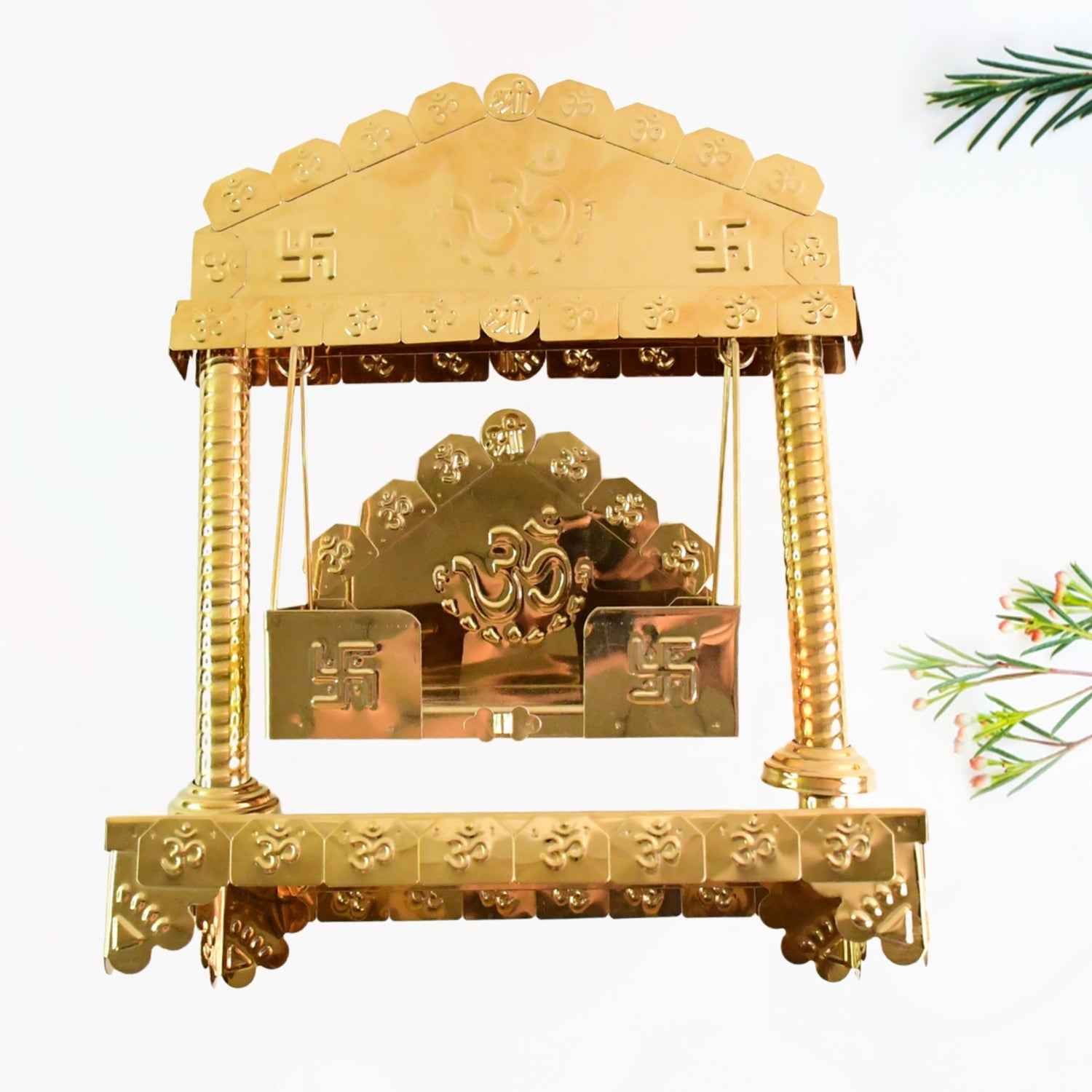 Traditional Brass-Coated Decorative Mini Jhula (Swing) for God Idol – 2 Pc