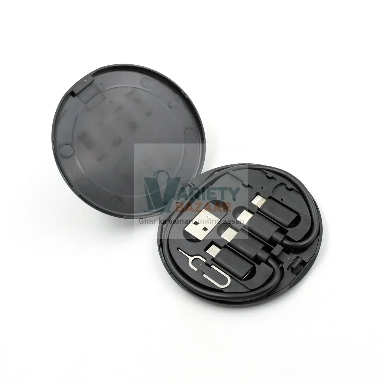 0377 Mini Multi-Functional Fast Charging Data Cable Set for Apple, Android, Type C Charging with Retrieve Card Pin, Round Storage Box, Compact and Portable, USB Data Cable Storage Box Travel Cable Set (5in1) Travel Sahayak