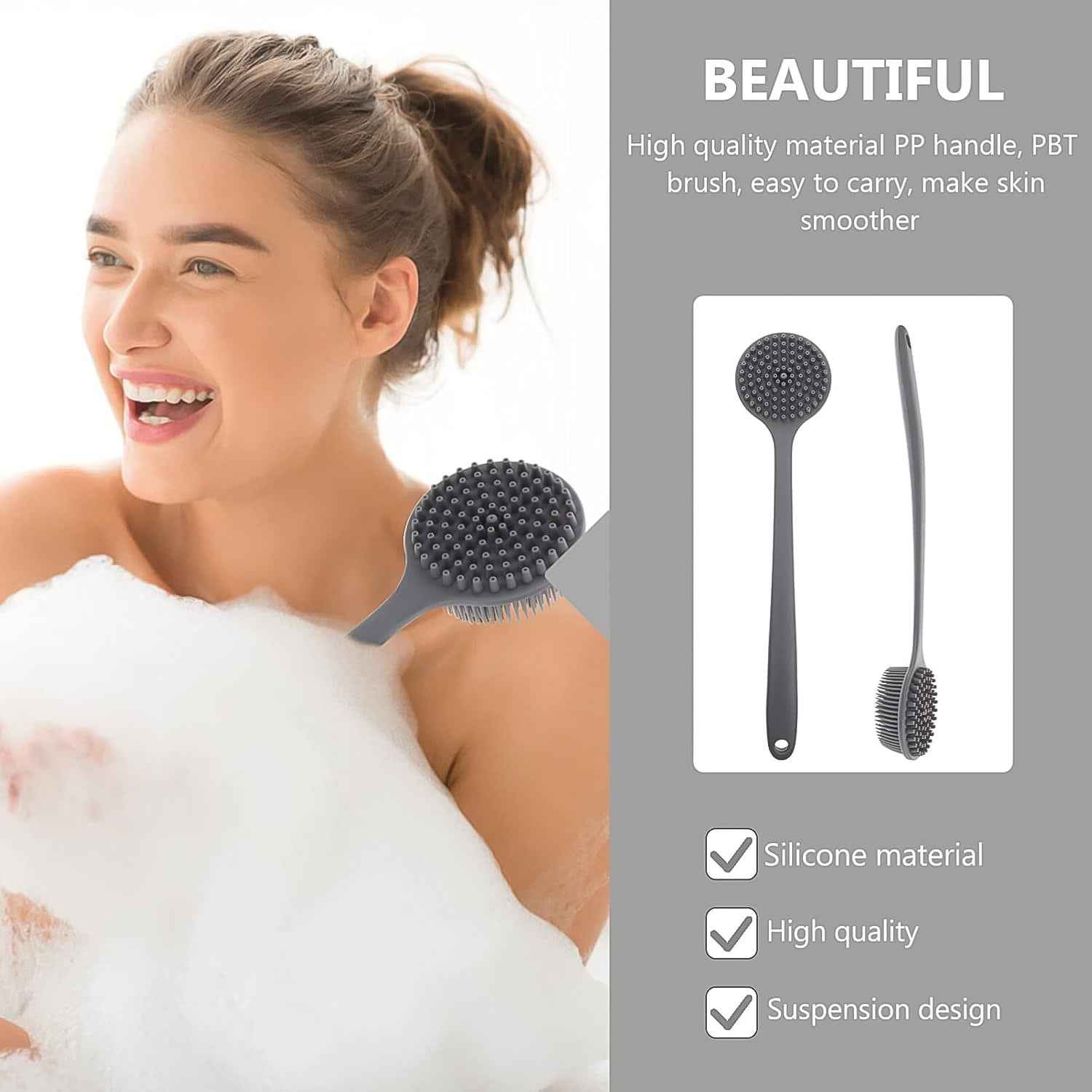 Silicone Back Scrubber Brush with Long Handle (1 Pc)