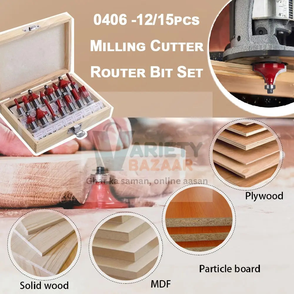 0406 12 / 15pcs Milling Cutter Router Bit Set Travel Sahayak