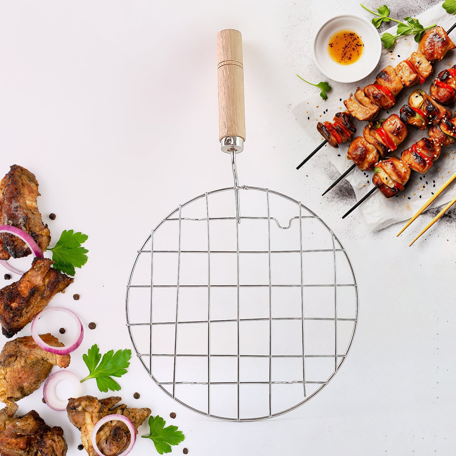 Kitchen Round Stainless Steel Roaster Papad Jali, Barbecue Grill with Wooden Handle