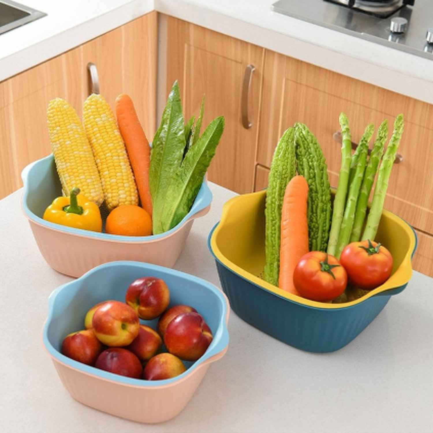Plastic Washing Bowl & Strainer Basket for Kitchen (Set of 2)