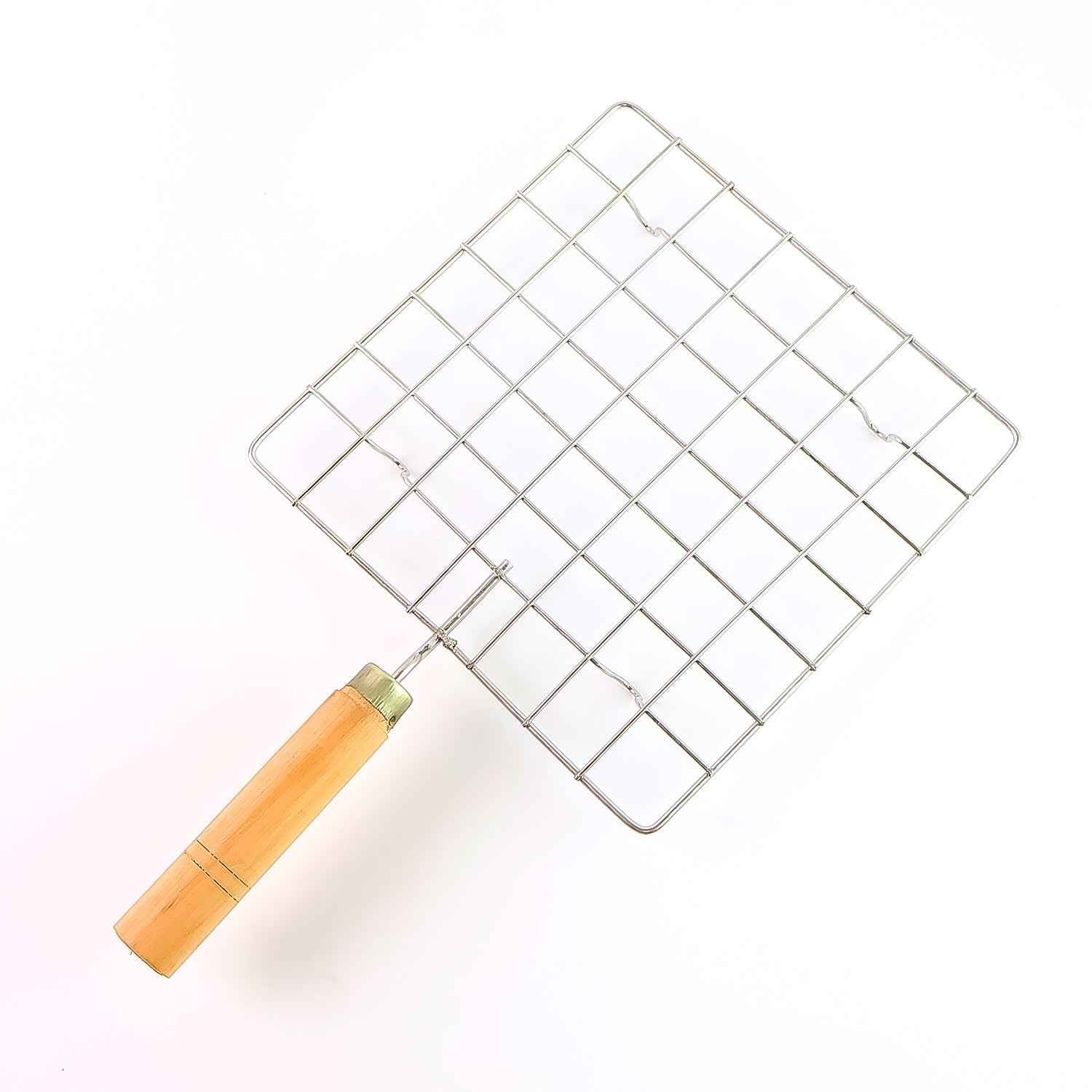 Stainless Steel Square Papad jali, Barbecue Grill Rack with Wooden Handle (1 Pc)