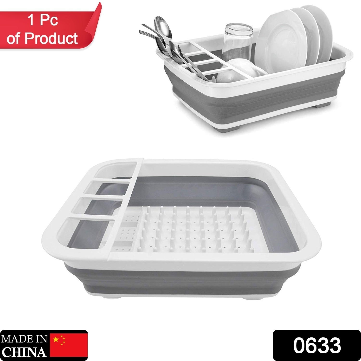 0633 Collapsible Folding Silicone Dish Drying Drainer Rack with Spoon Fork Knife Storage Holder Travel Sahayak
